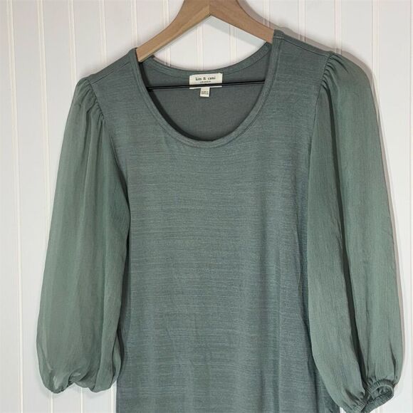 Kim & Cami Puff Sleeve Top M Sage Green Blouse Textured Knit Chiffon Sleeves - Picture 2 of 7